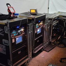 LED video wall process racks in a tent