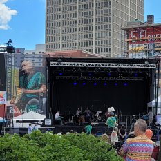 Music festival with mobile stage, LED wall, ground support structure