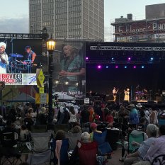 Music festival with mobile stage, LED wall, ground support structure