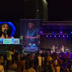 Music festival with mobile stage, LED wall, ground support structure