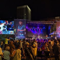 Music festival with mobile stage, LED wall, ground support structure