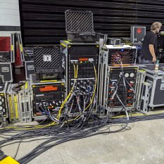 Backstage motor control and power distribution for an arena event