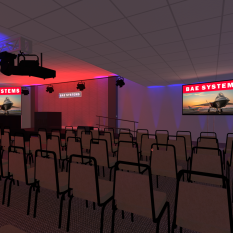 3D Rendering of corporate event in small auditorium